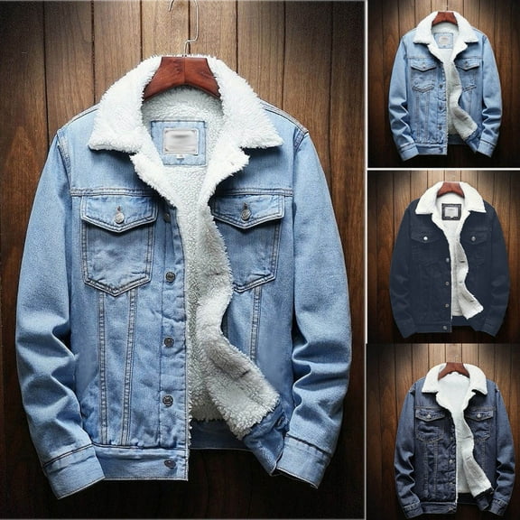 BiZtdJrK Men Jean Jackets Lapel Sherpa Fleece Lined Long Sleeve Trucker Jacket Button Down Denim Outerwear Winter Warm Coats with Chest Pockets Blue M
