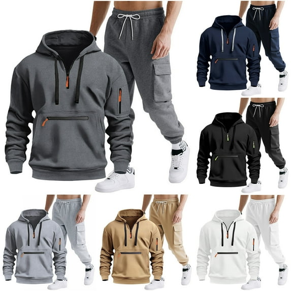 BiZtdJrK Men Jogger Sets 2 Piece Drawstring 1/4 Zip Long Sleeve Hoodie and Jogger Sweatpants Set Fashion Street Tracksuits with Zipper Pockets White L