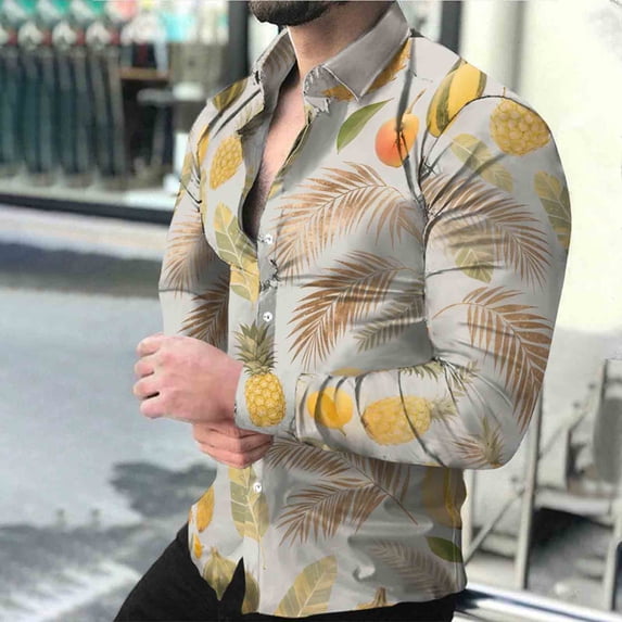 BiZtdJrK Men Lapel Button Down Shirts Tropical Print Long Sleeve Hawaiian Shirt Lightweight Regular Fit Vacation Tops Multicolor L