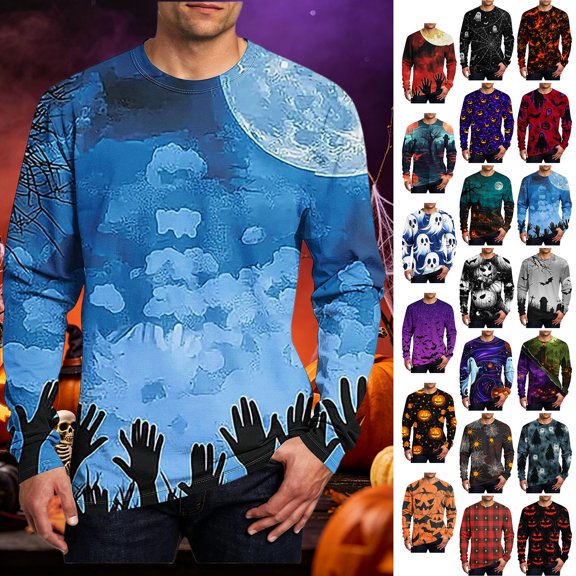 BiZtdJrK Men Long Sleeve Tee Shirt Novelty Printed Graphic T-Shirts Crew Neck Halloween Tees Fall Pullover Tops Blue S