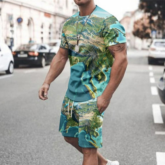 BiZtdJrK Men Novelty Map Print Short Sleeve Shirts Matching Casual Drawstring Shorts with Pockets 2 Piece Sets Big and Tall Loose Jogger Tracksuits Navy XXL
