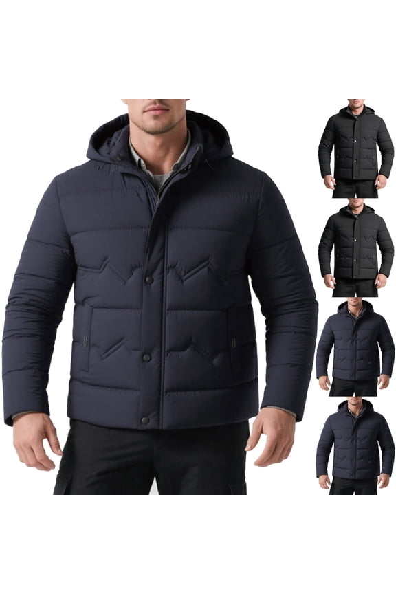 BiZtdJrK Men Outdoors Windproof Thickening Jacket Keep Warm Comfort Parka Winter Loose Coats with Removable Hood, Navy, XL