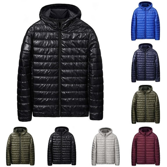 BiZtdJrK Men Puffer Jacket with Hood Full Zip Long Sleeve Cotton Coats Warm Quilted Jackets Solid Winter Outerwear Wine XL