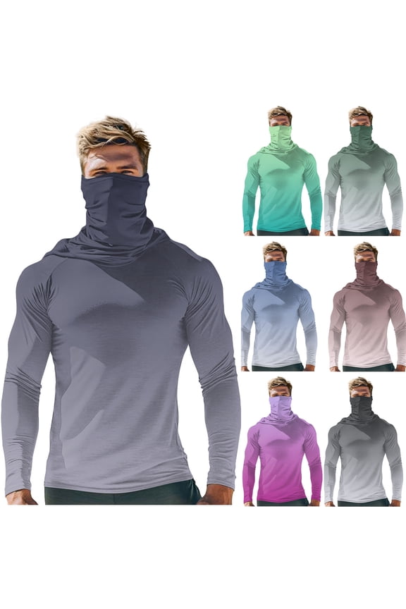 Men Rash Guard Sun Protection Shirts UPF 50+ Gradient Printed Long Sleeve UV Shirt Lightweight Breathable Hiking Outdoor Pullover Tops with Mask Army Green L