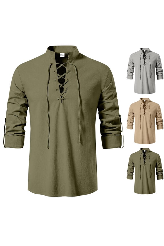Men Renaissance Medieval Shirt Lace Up Stand Collar Long Sleeve Hippie Casual Shirts Loose Fit Linen Vintage Tops Army Green S
