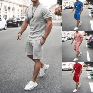 BiZtdJrK Men Short Sleeve Shirts Matching Drawstring Beach Shorts 2 Piece Sets Outdoor Solid Jogger Tracksuits Summer Casual Loose Fit Sport Set Prime Sales Gray L