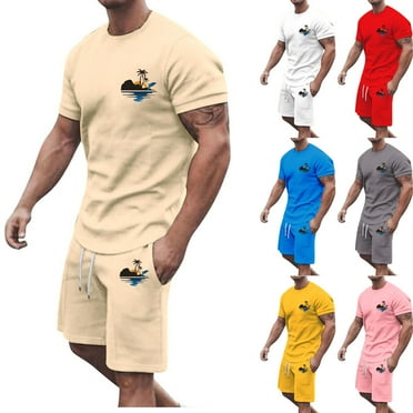BiZtdJrK Men Short Sleeve Shirts Matching Drawstring Beach Shorts 2 Piece Sets Summer Casual Loose Fit Sport Set Hawaiian Palm Trees Print Tracksuits Lightning Sales of Today Prime Pink L