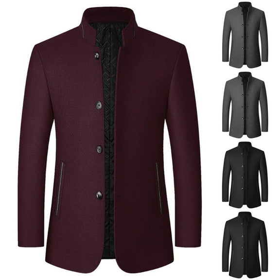 BiZtdJrK Men Stand Collar Sport Jacket Woolen Single Breasted Long Sleeve Suit Jackets Big and Tall Casual Blazers Slim Fit Sport Coat with Zipper Pockets Wine L