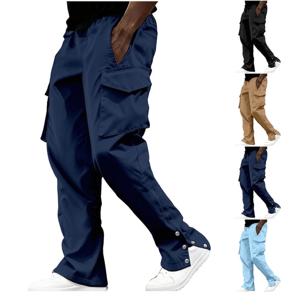 BiZtdJrK Men Straight Fit Cargo Pants Button Side Split Drawstring Elastic Waist Casual Trousers Lightweight Travel Summer Pant with Multi Pockets Navy M