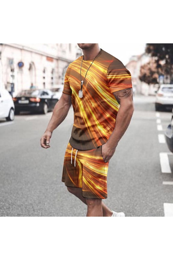 Men Summer 2 Piece Sets Casual Short Sleeve Tshirts Matching Drawstring Beach Shorts Sport Set Fashion Digital Print Big and Tall Tracksuits Dollar Sales Gold M