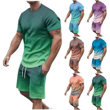 BiZtdJrK Men Summer 2 Piece Sets Casual Short Sleeve Tshirts Matching Drawstring Beach Shorts Sport Set Fashion Gradient Print Big and Tall Tracksuits Today's Sales Blue 3XL