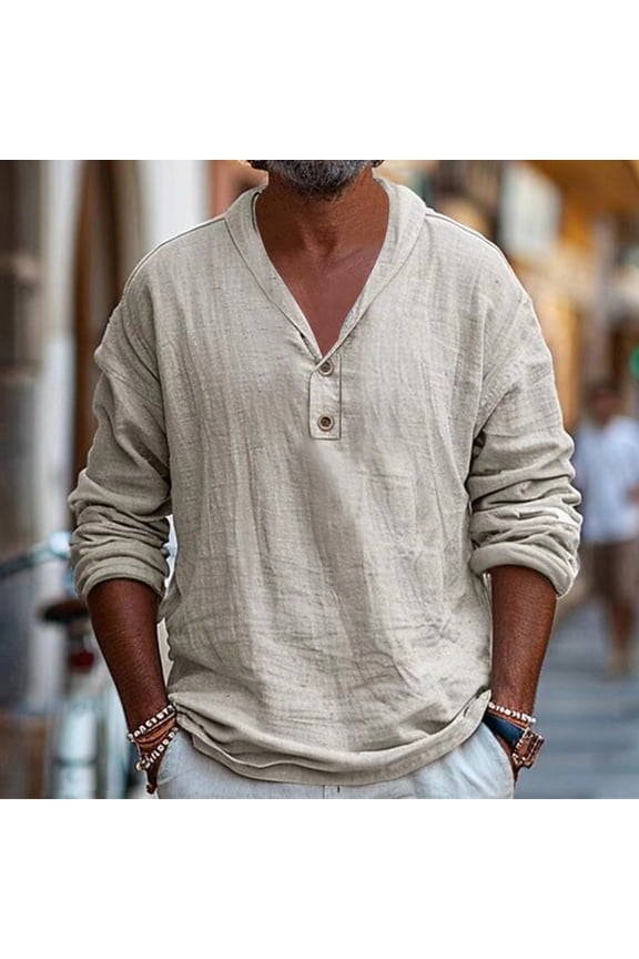 Men T Shirt Long Sleeve Button Down Henley Shirts Casual Solid Band Collar Shirt Lightweight Casual Work Shirts Prime Sales Today Beige XXXL