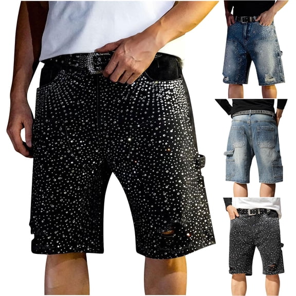 BiZtdJrK Men Trendy Jean Shorts Rhinestone Ripped Y2k Streetwear Shorts Knee Length Straight Fit Denim Pants with Pockets Black 32