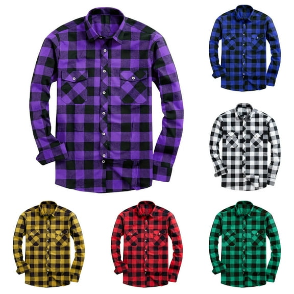 BiZtdJrK Men Trendy Shirts Plaid Long Sleeve Lapel Button Down Shirt Cowboy Streetwear Collared Tops with Two Chest Pockets Red M