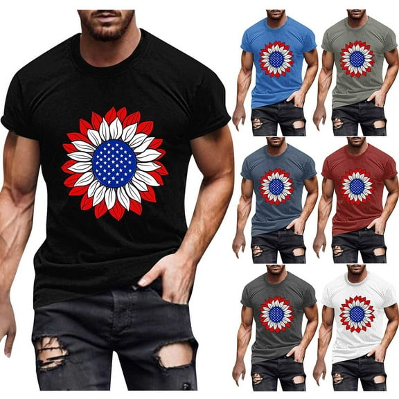BiZtdJrK Men USA Independence Day Tops Short Sleeve American Flag Sunflower Graphic Tees 4th of July Patriotic T Shirts Dark Gray XXXL