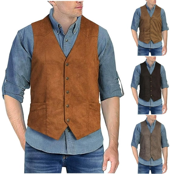 BiZtdJrK Men Vintage Vests Suede Button Down Sleeveless Casual Jackets Cowboy Slim Fit Waistcoat with Pockets Brown XXL