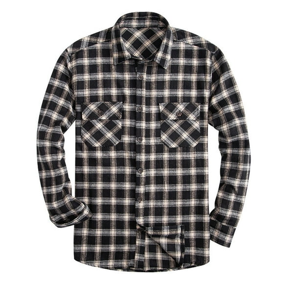 BiZtdJrK Men'a Regular Fit Shirts Plaid Lapel Long Sleeve Button Down Shirts Lightweight Casual Work Shirt with Two Chest Pockets Black XXL