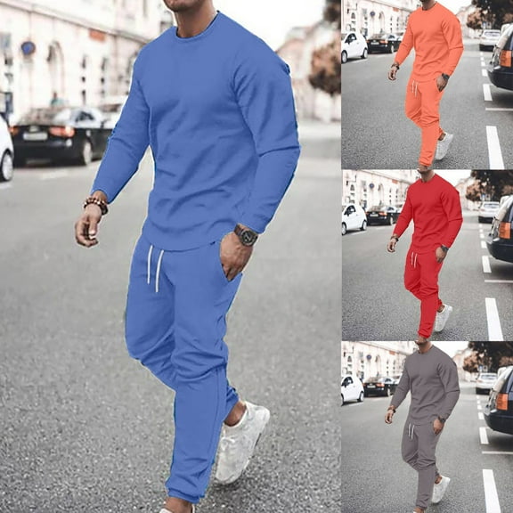 BiZtdJrK Men's 2 Piece Sweatsuit Casual Long Sleeve Crewneck Pullover Top and Drawstring Waist Harem Pants Loose Comfy Jogger Set 2025 Fashion Solid Tracksuits Daily Sales of the Day Red M