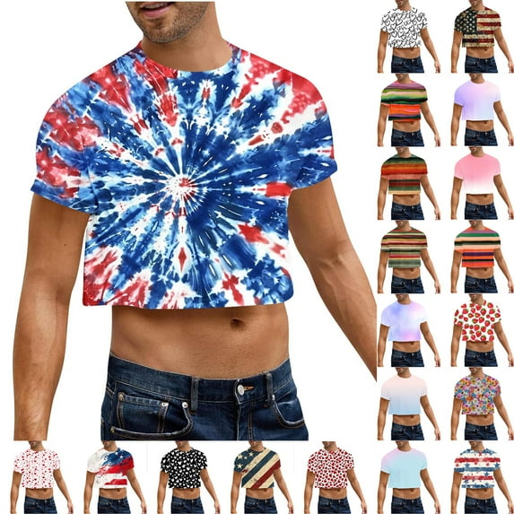 BiZtdJrK Men's 4th of July Crop Top Summer Short Sleeve Cropped T Shirt Casual Crewneck Workout Hot Shirts Vacation Clothes Navy M