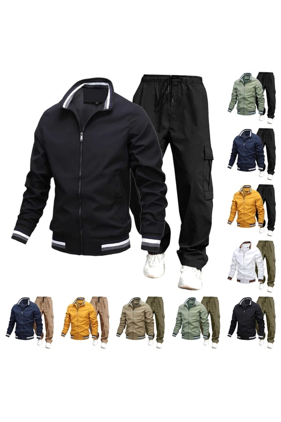 BiZtdJrK Men's Athletic Full Zip Tracksuit Set Long Sleeve Track Jackets and Baggy Straight Work Trousers 2 Piece Outfit Fall Winter Clothes, Black, XXXL