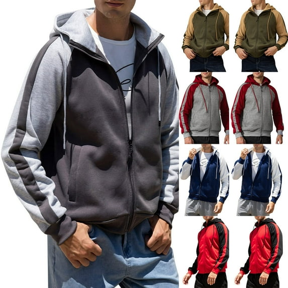 BiZtdJrK Men's Athletic Jackets Color Block Full Zip Long Sleeve Hooded Sweatshirt Jacket Loose Fit Fashion Outerwear with Pockets Navy L