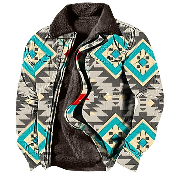 BiZtdJrK Men's Aztec Western Jackets Vintage Print Long Sleeve Jacket Fleece Lined Ethnic Style Casual Zipper Winter Warm Coat Back To School Prime Sales Light Blue XXXL