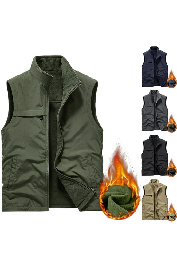 Men's Big and Tall Fleece Vest Winter Warm Windproof Vests Casual Lightweight Golf Vest Stand Collar Sleeveless Zip Up Workwear Jacket Back To School Sales Khaki M