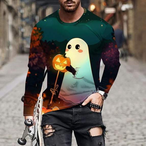 BiZtdJrK Men's Big and Tall Halloween Tees Cute Ghost Graphic T Shirt Y2k Crewneck Long Sleeve Pullover Tops Casual Fashon Party Costume Tshirt 91% Off Clearance Sale D-Multicolor#long sleeve tops L