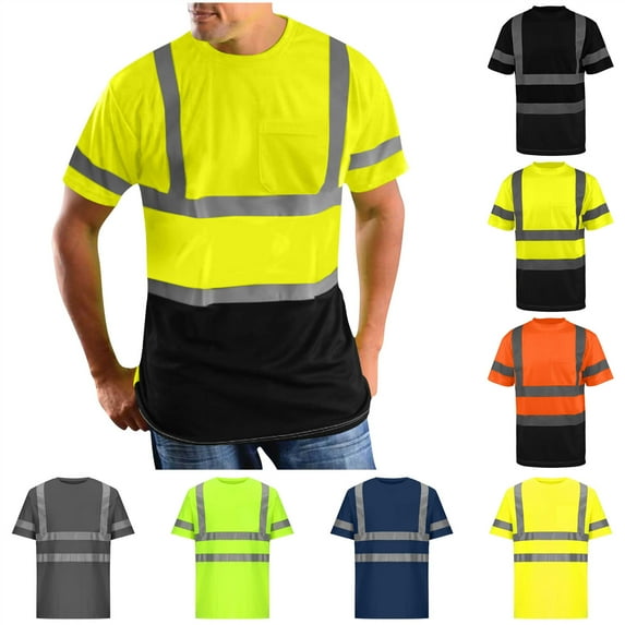 BiZtdJrK Men's Big and Tall High Visibility Quick Dry Safety T-Shirts Mesh Pocket Short Sleeve Tees Shirt Reflective Strips Construction Work Tops Green XXXXXL Camisas Para Hombres