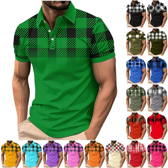 BiZtdJrK Men's Big and Tall Polos Shirts Fashion Plaid Printed Golf Shirts Casual Short Sleeve Button Lapel Tennis Tops 2025 Summer Fashion Plaid Blouse Black XL Ofertas en Walmart