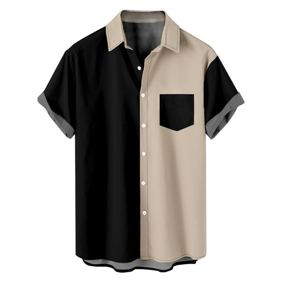 BiZtdJrK Men's Big and Tall Shirts Summer Button Down Lapel Beach Blouses Fashion Color Block Short Sleeve Slim Fit Shirt with Pocket Khaki 3XL