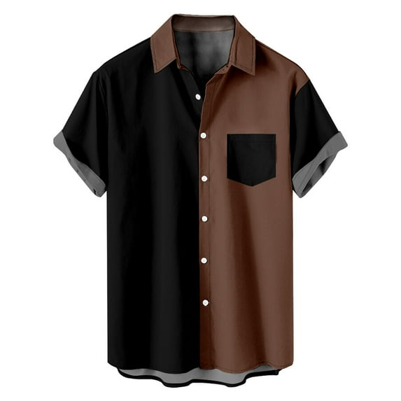 BiZtdJrK Men's Big and Tall Shirts Summer Button Down Lapel Beach Blouses Fashion Color Block Short Sleeve Slim Fit Shirt with Pocket s Brown L
