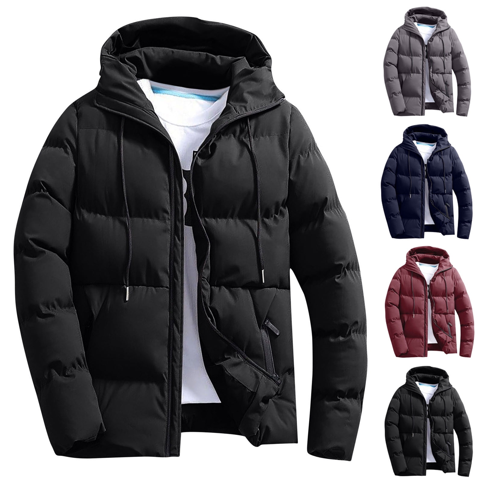 BiZtdJrK Men's Big and Tall Warm Coats Full Zip Long Sleeve Qulited Puffer Jacket Drawstring Hooded Winter Jackets with Pockets Gray XXL