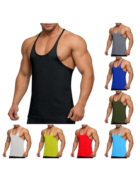 Men's Bodybuilding Stringer Tank Tops Y-Back Gym Fitness T-Shirts Summer Sleeveless Quick Dry Athletic Shirts Black XL