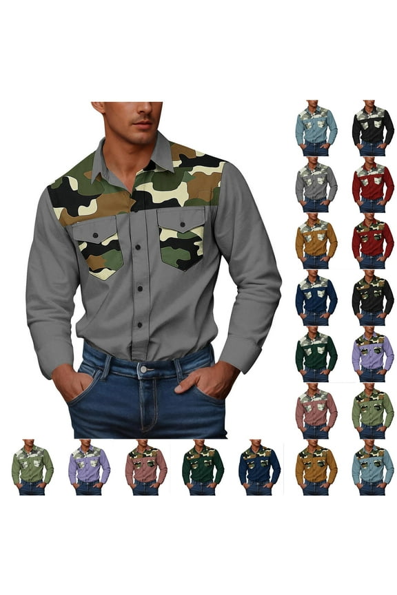 BiZtdJrK Men's Camo Work Shirts Long Sleeve Button Down Cargo Shirt Jacket with Two Pockets Outdoor Fishing Camping Tops Black XXXXL