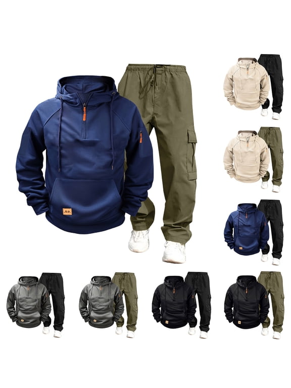 BiZtdJrK Men's Cargo Sweatsuit 2 Piece Sets Casual Quarter Zip Hoodies and Drawstring Sweatpants Joggers Outfit Fall Winter Tracksuits, Black, S
