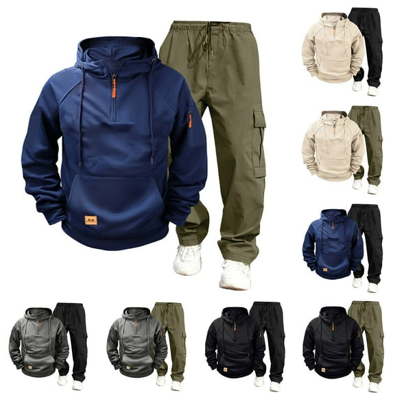 BiZtdJrK Men's Cargo Sweatsuit 2 Piece Sets Casual Quarter Zip Hoodies and Drawstring Sweatpants Joggers Outfit Fall Winter Tracksuits, Dark Gray, L