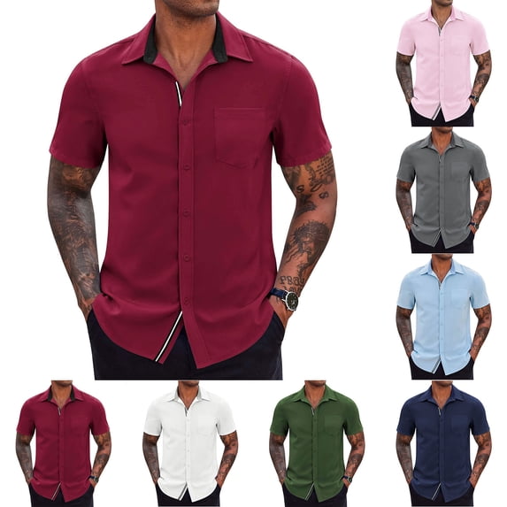 BiZtdJrK Men's Casual Button Down Short Sleeve Shirts Loose Casual Business Shirts 2024 Classic Fit Shirts Today's Deals of The Day Pink XXL