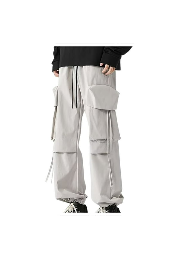 Men's Casual Cargo Pants Cotton Drawstirng Waist Trousers New Pattern Tapered Pants with Multi Pockets Gray XL