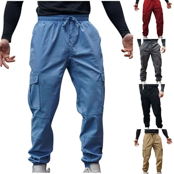 BiZtdJrK Men's Casual Cargo Pants Elastic Waist Work Hiking Trousers Lightweight Outdooe Athletic Joggers with Pockets, Khaki, M