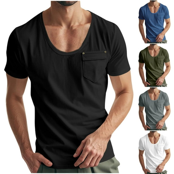 BiZtdJrK Men's Casual Fashion T Shirt U Neck Short Sleeve Pocket Tee Solid Casual Workout Basic Tees Sales of the Day Blue S