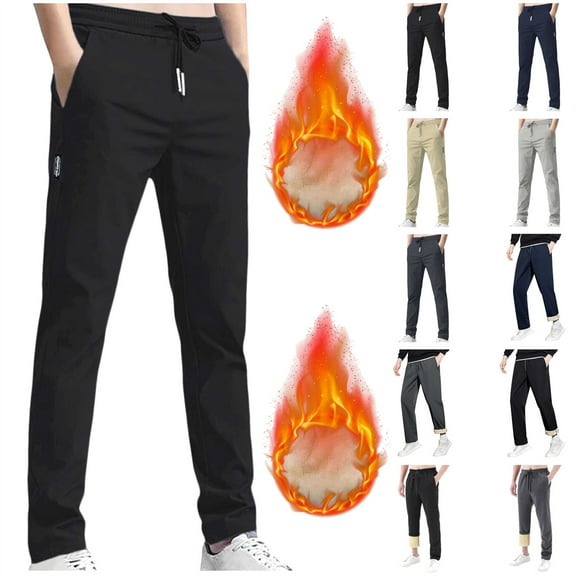 BiZtdJrK Men's Casual Fleece Lined Pants Elastic Waist Drawstring Warm Outdoor Hiking Trousers with Zipper Pockets, Gray, XS