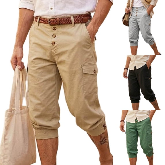 BiZtdJrK Men's Casual High Waisted Walking Long Shorts with Button Pockets Solid Casual 3/4 Length Summer Capris Black XXXL