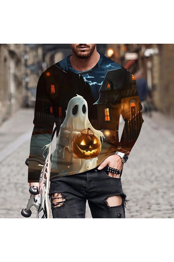 Men's Casual Holiday T Shirt Halloween Long Sleeve Crewneck Tees Cute Ghost Graphic Print Tshirts Fashion Funny Cool Costume Tee Top Back K-Multicolor L