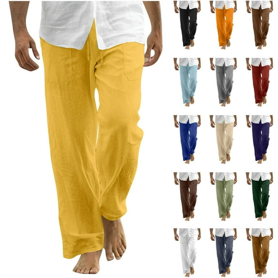 BiZtdJrK Men's Casual Linen Cotton Pants Drawstring Elastic Waist Beach Trousers Lightweight Straight Leg Yoga Vacation Pants, Coffee, M