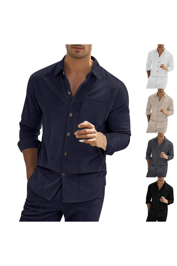 Men's Corduroy Shirts Long Sleeve Button Down Shirt Jacket Solid Casual Textured Work Tops Outdoor Lightweight Blouses with Pocket Black S Ofertas Del Dia de Hoy Relampago