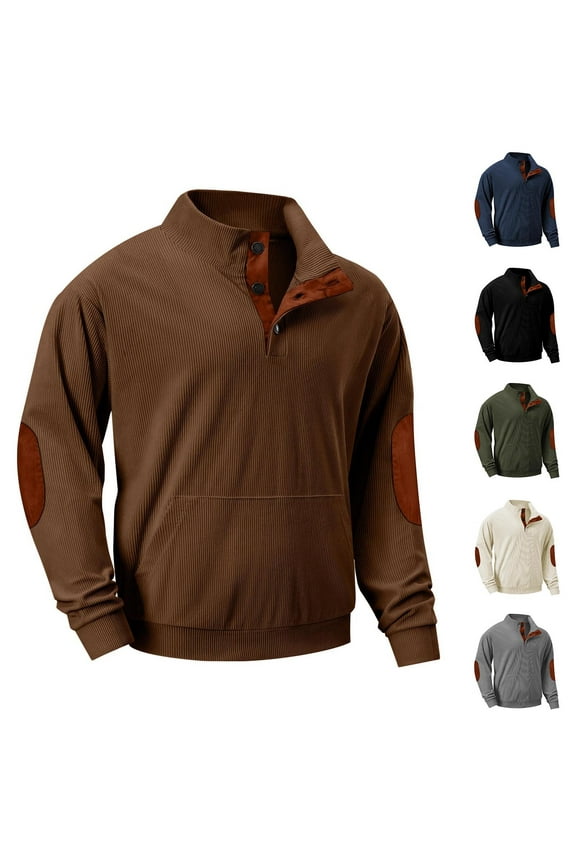 Men's Corduroy Sweater with Elbow Patches Long Sleeve Button Sweatshirts Fashion Casual Pullover Tops with Kangaroo Pocket Black And Friday Sales Navy XL