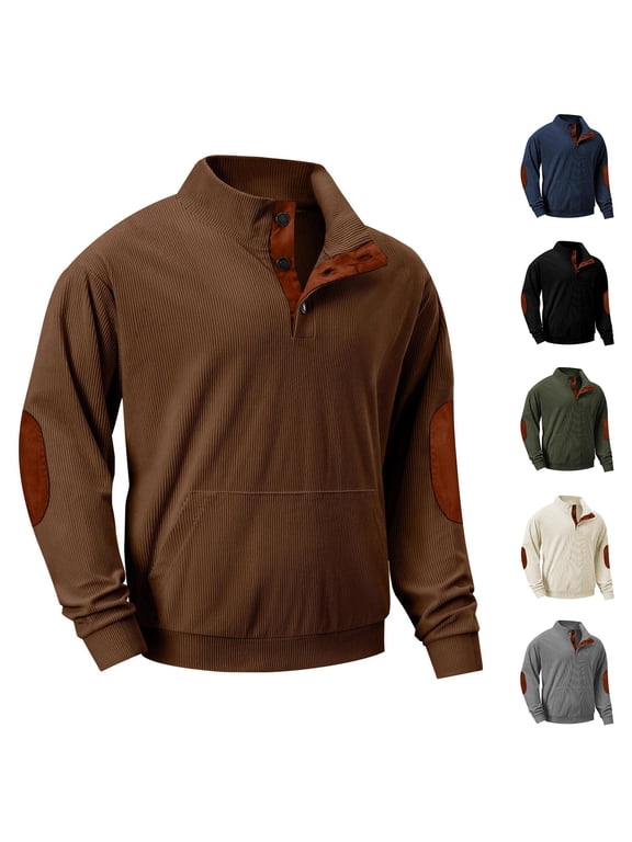 Men's Corduroy Sweater with Elbow Patches Long Sleeve Button Sweatshirts Fashion Casual Pullover Tops with Kangaroo Pocket Sales For Today On Walmart Black L