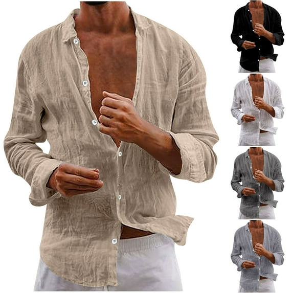 BiZtdJrK Men's Cotton Linen Long Sleeve Shirts, 2025 Fall Work Tops for Men Solid Casual Button Business Shirts Going Out Outfits Dollar Sales Khaki M