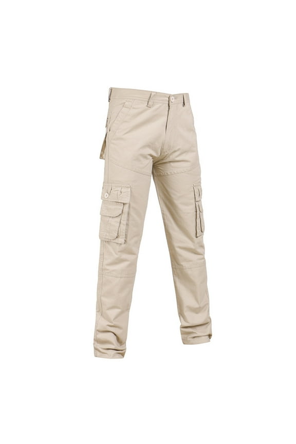 Men's Cotton Multi Pocket Cargo Pants Ripstop Tactical Pants Outdoor Loose Casual Military Uniform Straight Leg Pants Beige M